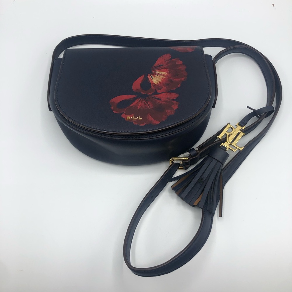 Ralph Lauren Navy Blue Poppy Flower Leather Saddle Bag